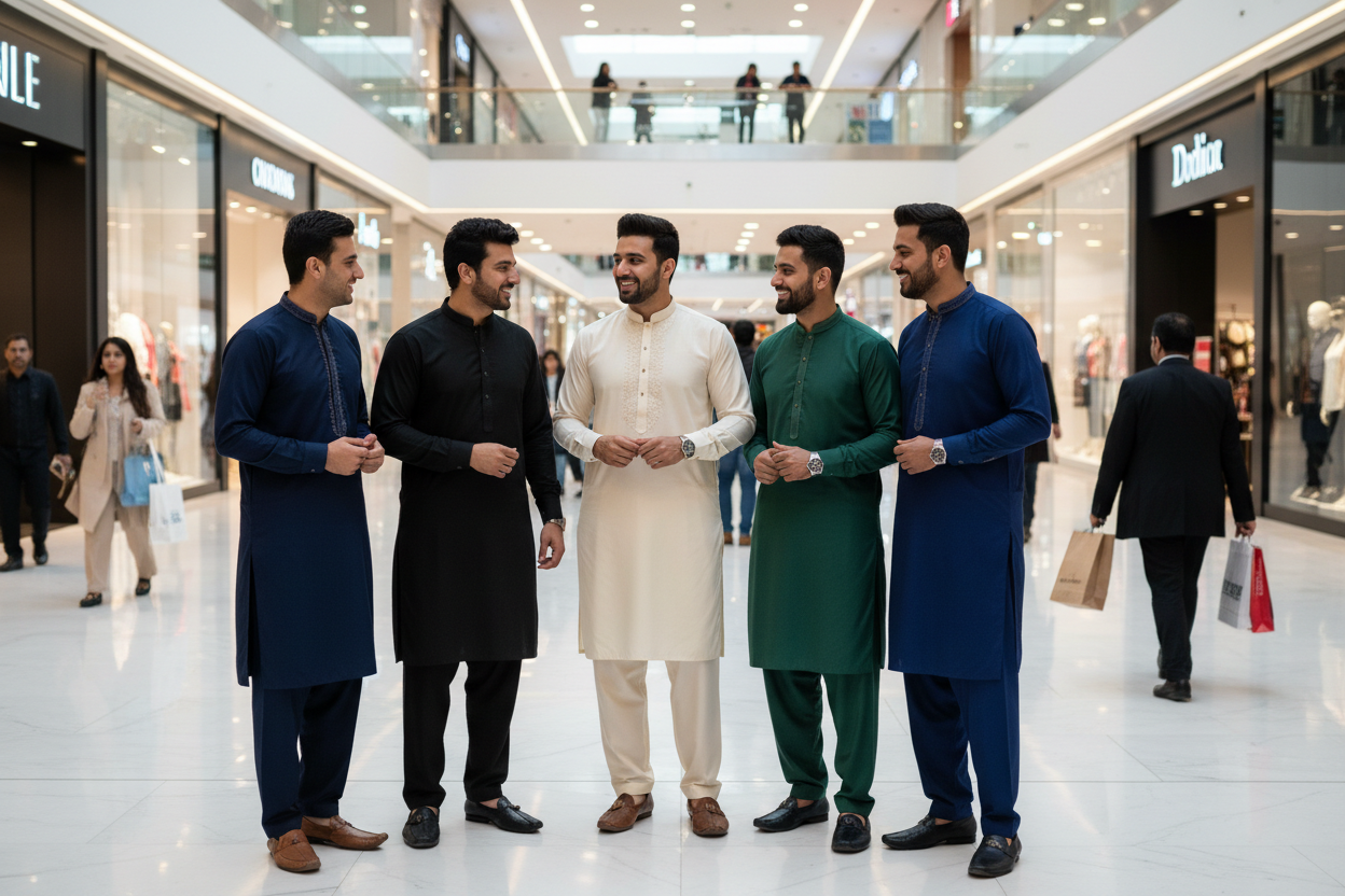 5 mens wearing shalwar kameez in diffierent colors of navy blue, black, off white, green and royal blue. and their background is a shopping mall 